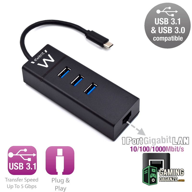 EWENT EW1141 Hub Tipo-C 3Pts.USB 3.1+1pto. GIGABIT