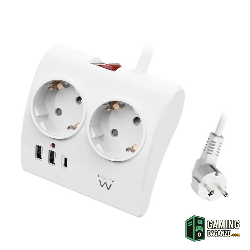 EWENT EW3870 Regleta 2  Shucko 2 Usb-A 1 Usb-C Bl.