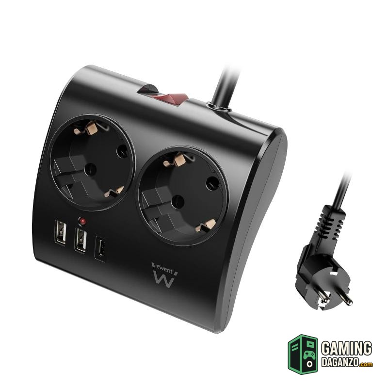 EWENT EW3871 Regleta 2  Shucko 2 Usb-A 1 Usb-C Neg